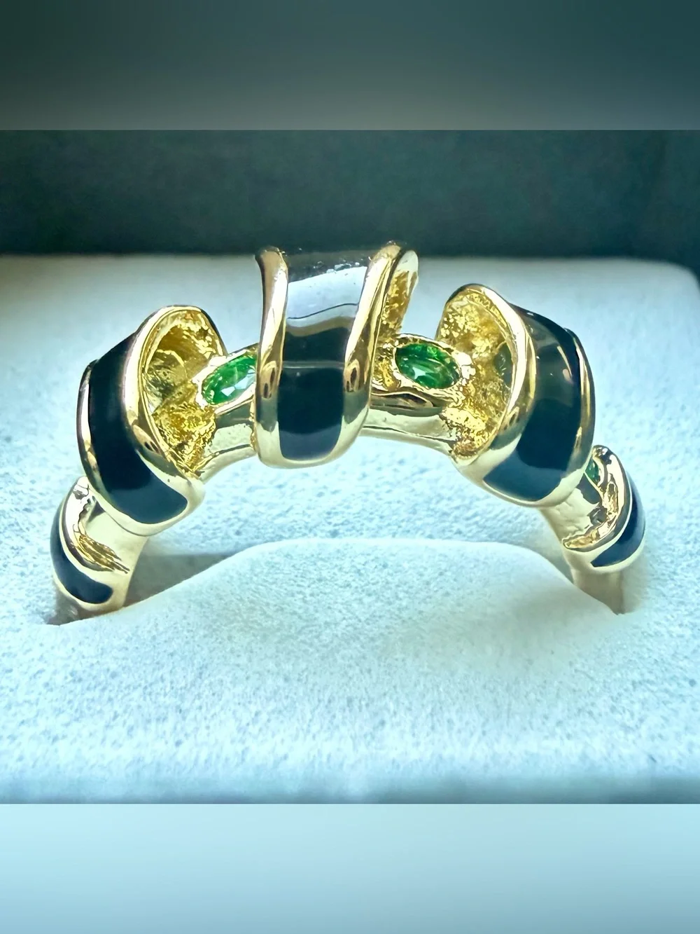 NEW! 18k Yellow Gold Plated & Black Enamel and Green Stone Women's Ring